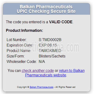Оригинальный Tamoximed 20 (Balkan Pharmaceuticals) Проверка Tamoximed 20 (Balkan Pharmaceuticals) с помощью кода